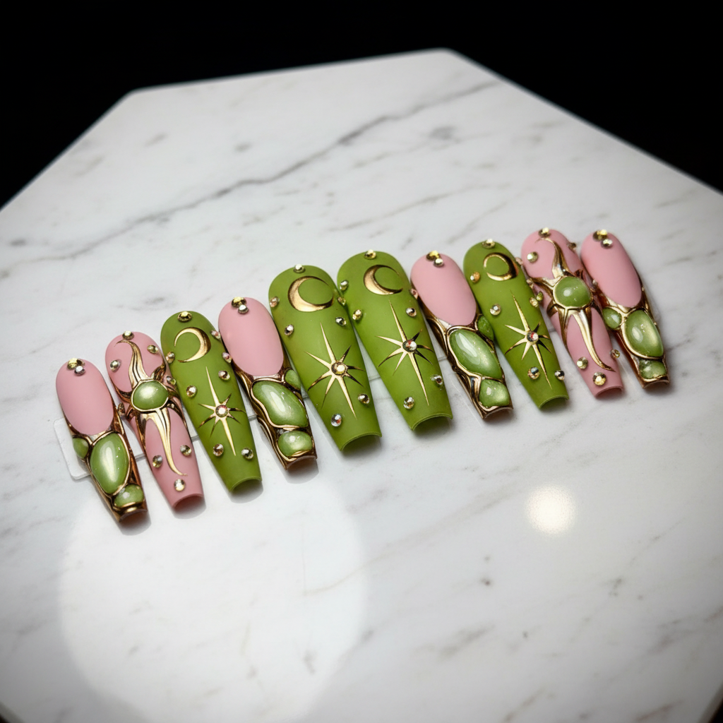 Olive green celestial moon star gold frame blush pink jade gem custom press-on nails coffin full set on marble — LuxepressCo