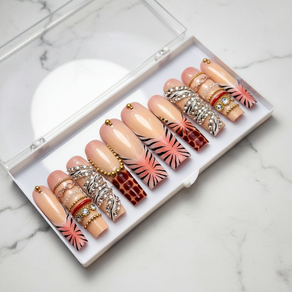Nude peach zebra croc crystal rhinestone gold chain glam custom press-on nails coffin full set on marble — LuxepressCo