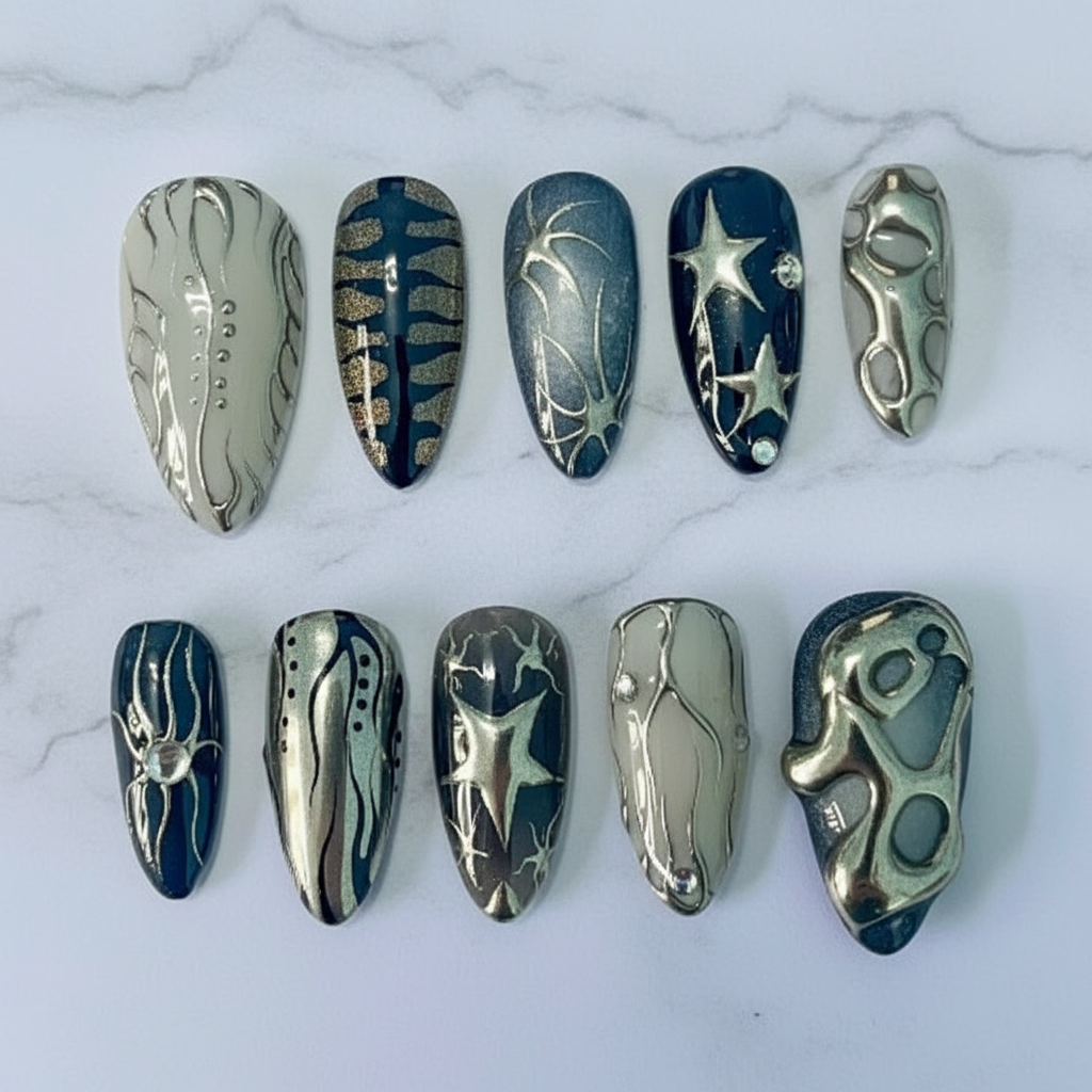 Dark teal silver chrome 3D star wire art custom press-on nails almond full set on marble — LuxepressCo