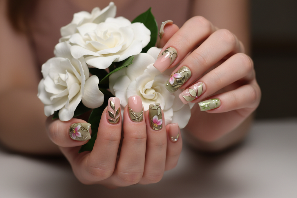 Fair-skin hands wearing sage green nude botanical gold leaf vine chiffon flower custom press-on nails holding white gardenias — LuxepressCo