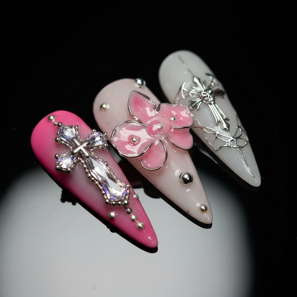 Macro close-up rhinestone cross 3D pink flower silver wire bat wing custom press-on nails gothic pink — LuxepressCo