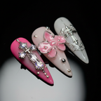 Macro close-up rhinestone cross 3D pink flower silver wire bat wing custom press-on nails gothic pink — LuxepressCo