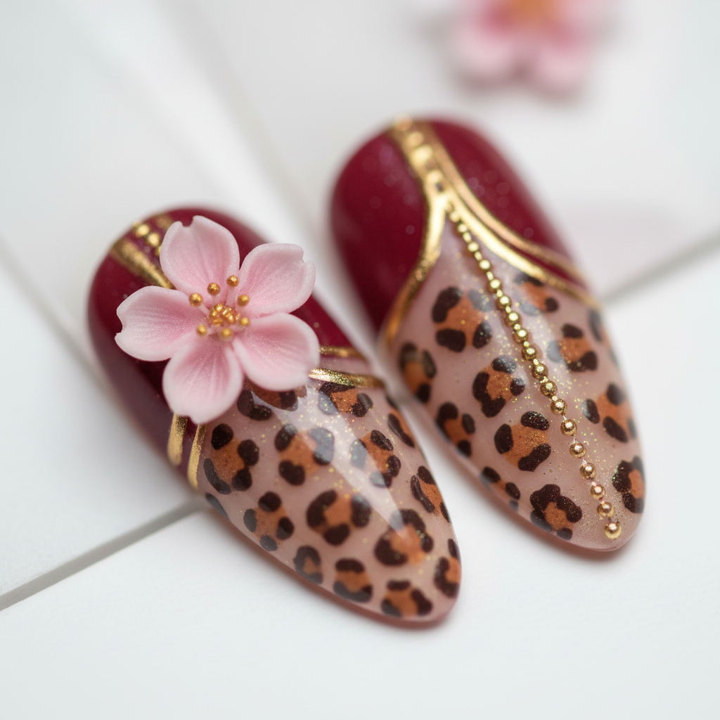 Macro close-up 3D cherry blossom gold leopard print chrome detail custom press-on nails almond — LuxepressCo