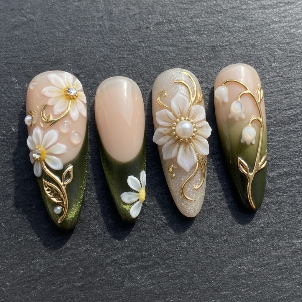 Macro close-up 3D white daisy pearl center gold vine custom press-on nails dark background — LuxepressCo