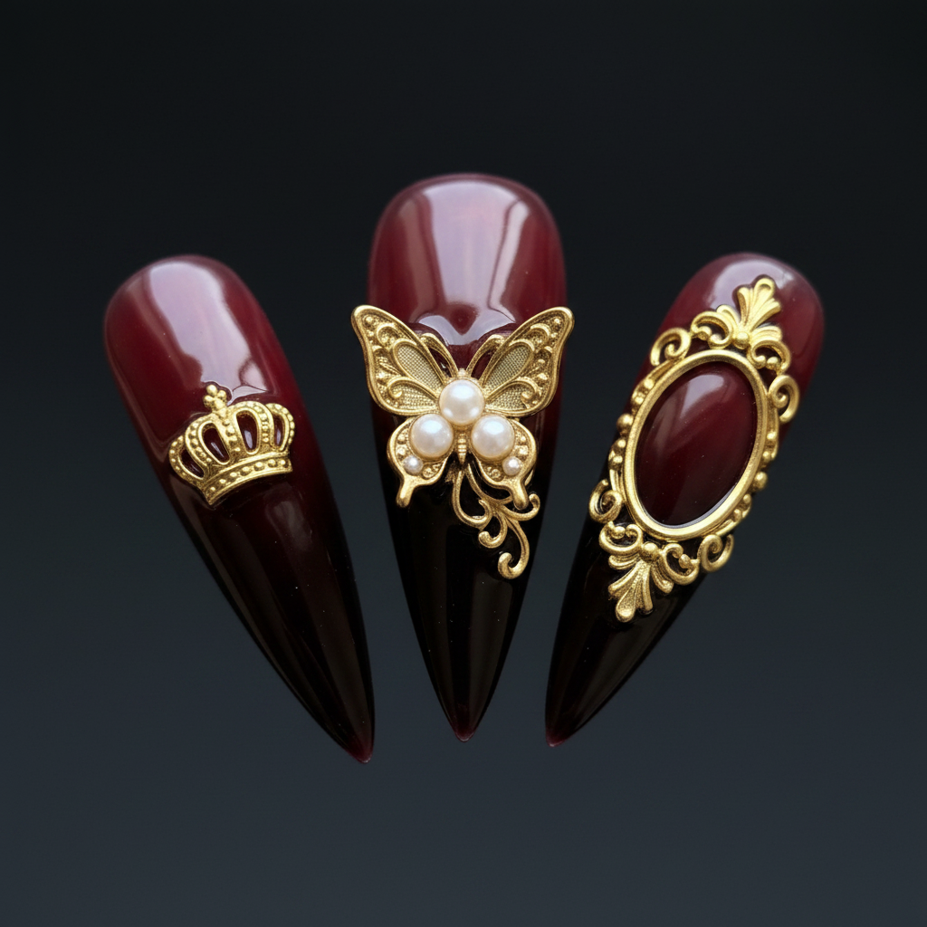 Macro close-up burgundy stiletto custom press-on nails 3D gold butterfly pearl crown baroque filigree — LuxepressCo