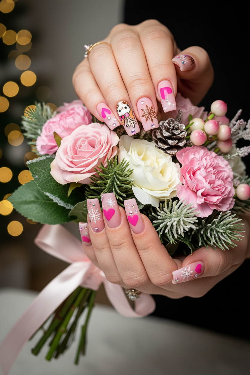 Fair-skin lifestyle kawaii Christmas reindeer pink brown snowflake aurora rhinestone custom press-on nails holding winter flowers — LuxepressCo