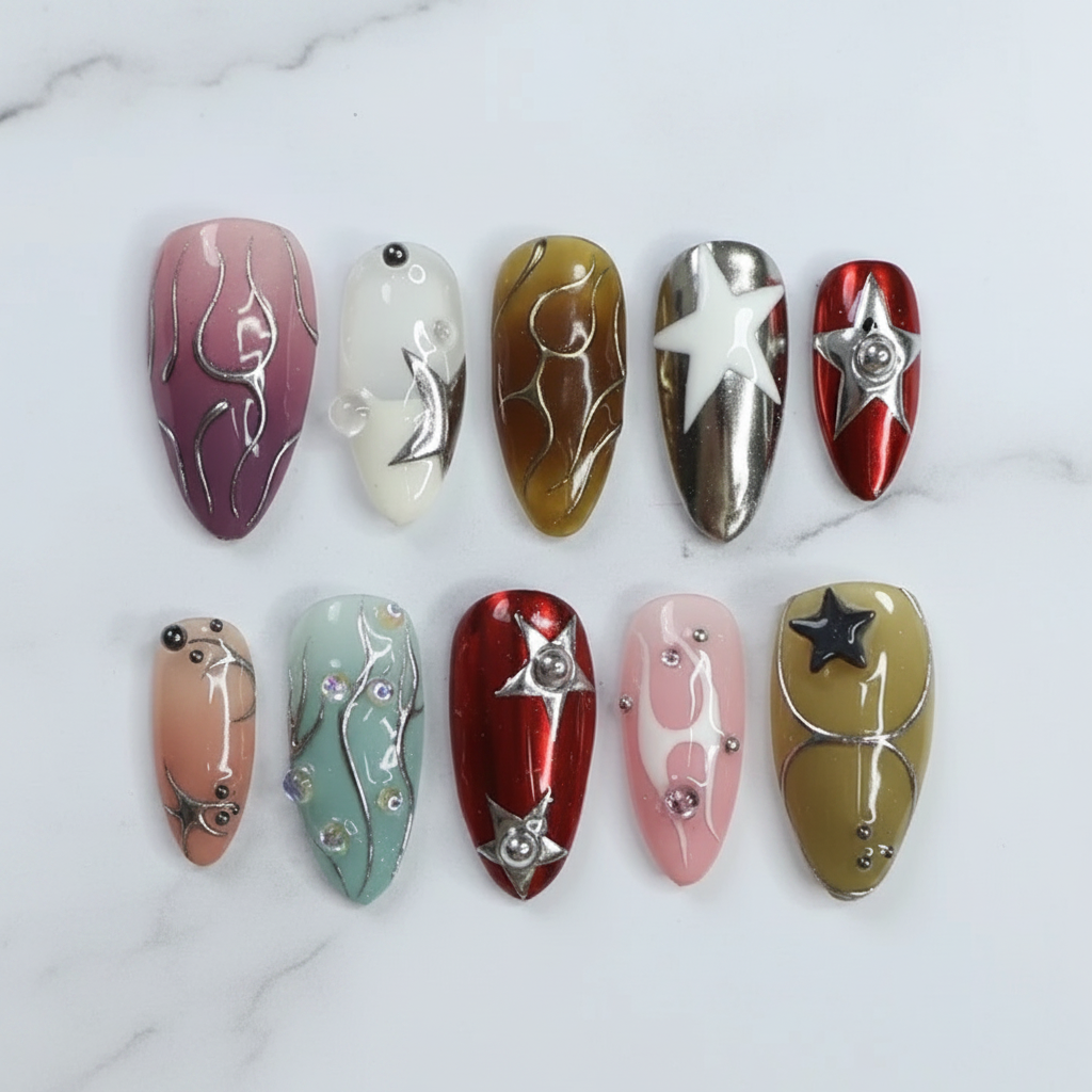 Silver star chrome liquid metal press-on nails full set on white marble — LuxepressCo