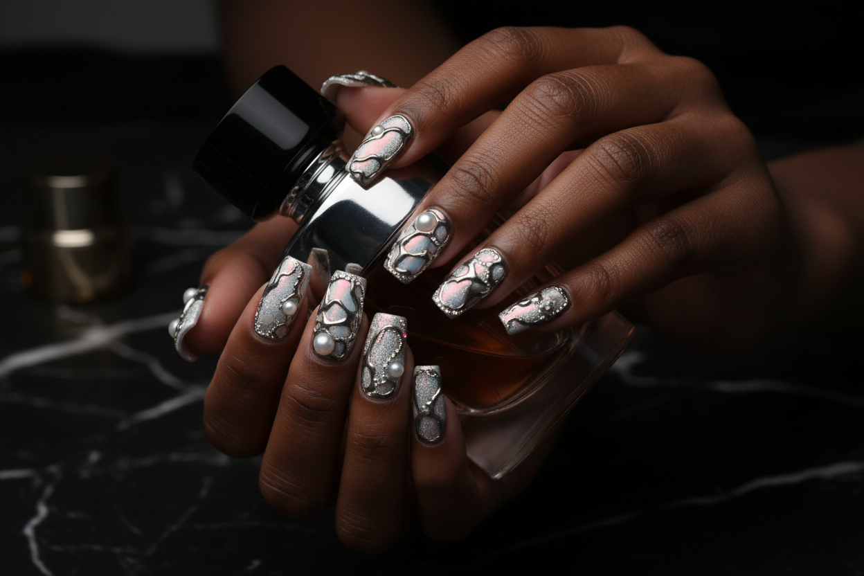 Dark-skin hands wearing dark chrome aurora reusable press-on nails holding silver black perfume bottle — LuxepressCo