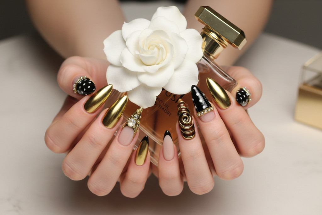 Lifestyle light skin hands wearing gold noir custom press-on nails holding white gardenia — LuxepressCo