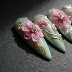 Macro close-up 3D pink floral rhinestone gold foil custom press-on nails mint green — LuxepressCo