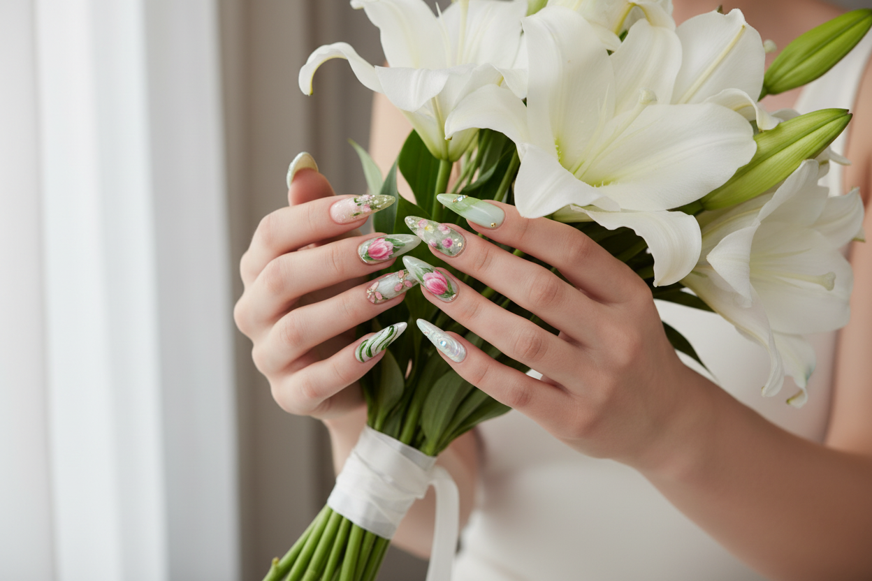 Fair-skin hands wearing sage green aurora dragonfly stiletto gold botanical custom press-on nails holding white lilies — LuxepressCo