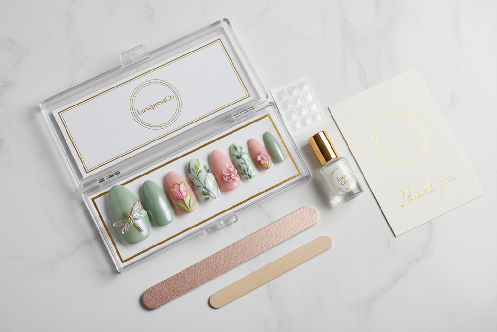 LuxepressCo dragonfly garden press-on nail kit packaging acrylic box with nail file glue adhesive tabs — LuxepressCo