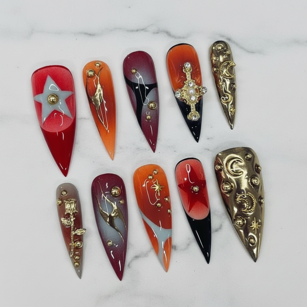 Fiery red orange gothic dragon cross moon star custom press-on nails stiletto full set on marble — LuxepressCo