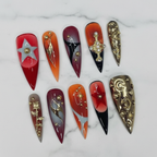 Fiery red orange gothic dragon cross moon star custom press-on nails stiletto full set on marble — LuxepressCo