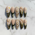 Full set 10 3D daisy gold vine custom press-on nails on marble background — LuxepressCo