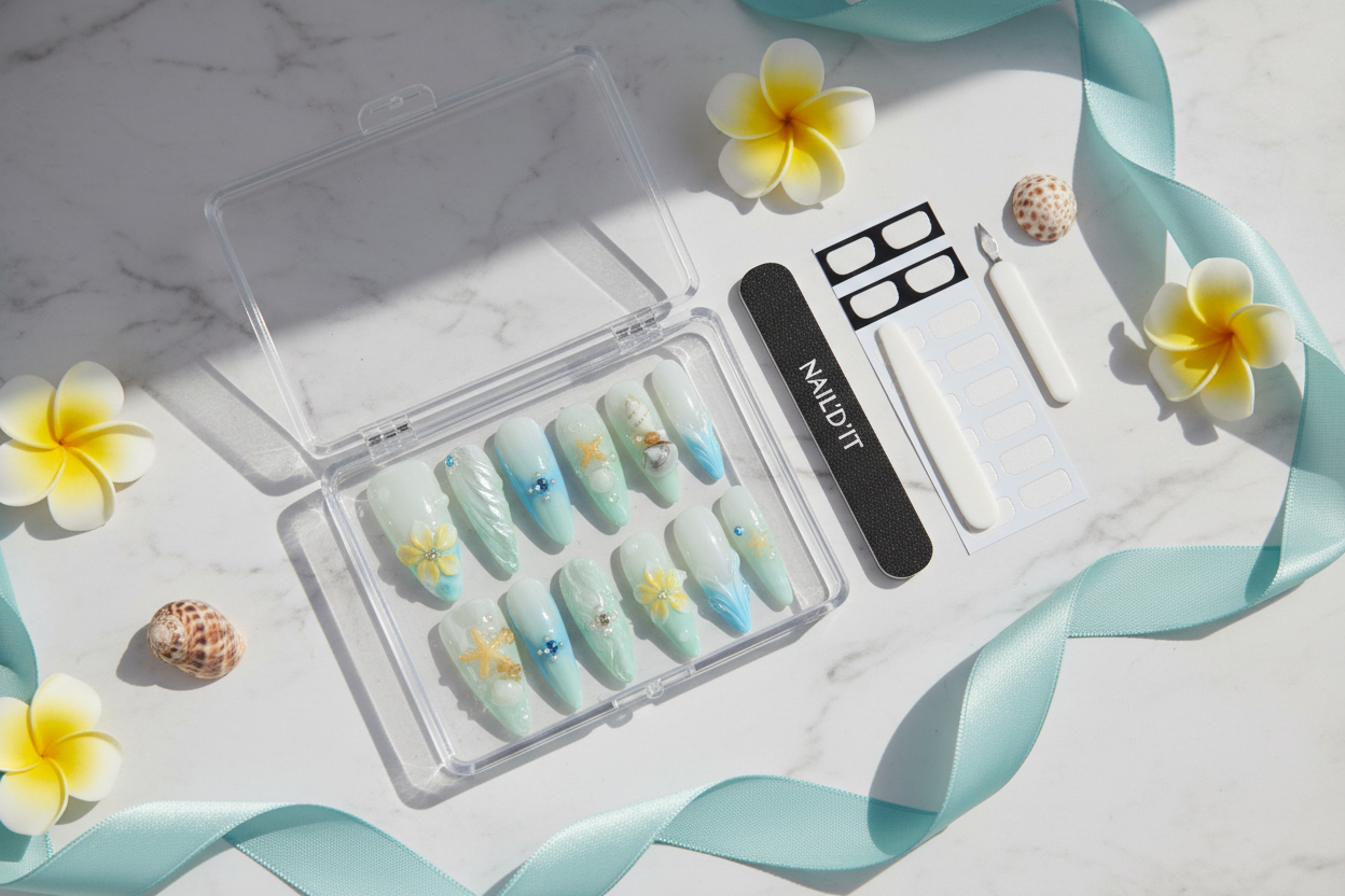 Luxury acrylic box unboxing mint blue aurora pearl 3D plumeria snail shell crystal almond custom press-on nails with accessories — LuxepressCo