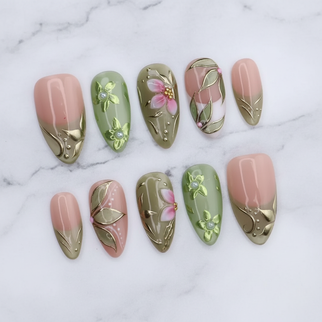 Sage green gold botanical 3D pink chiffon flower hand-painted leaf custom press-on nails full set on white marble — LuxepressCo