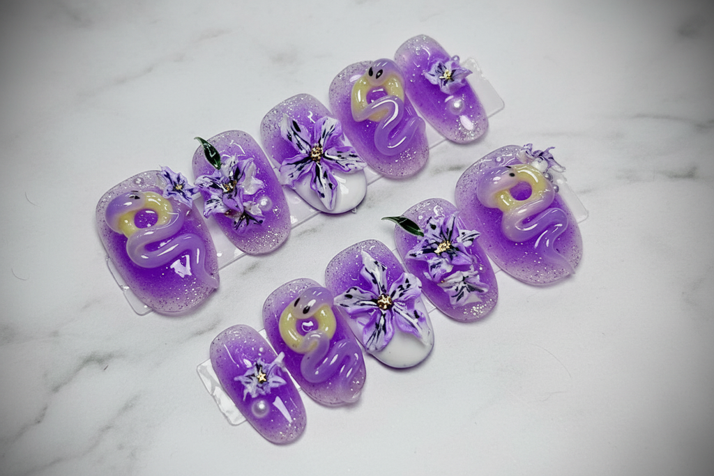 Purple glazed donut 3D star flower holographic glitter custom press-on nails full set on marble — LuxepressCo