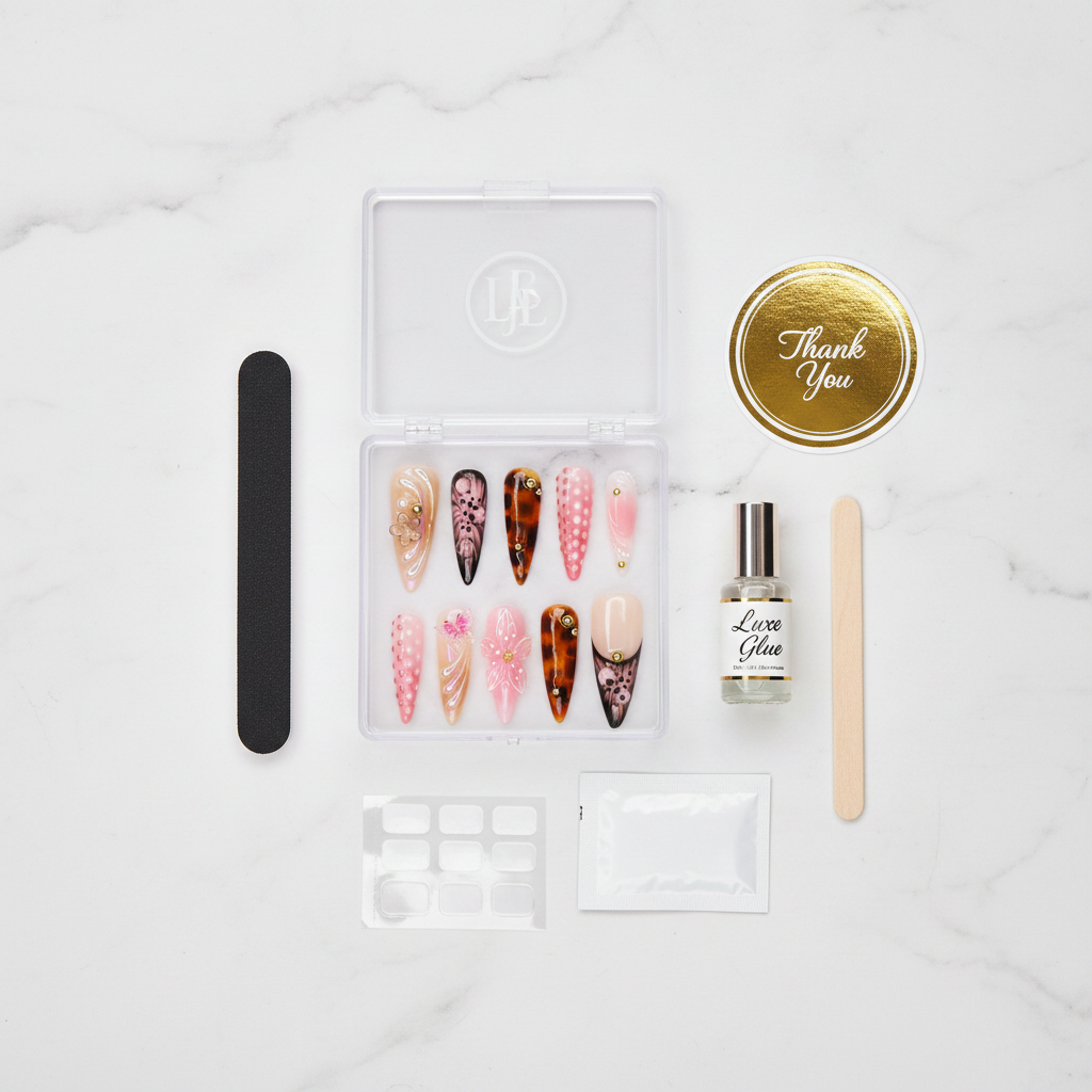 Acrylic packaging box open with reusable pink floral nails nail file Luxe Glue adhesive tabs — LuxepressCo