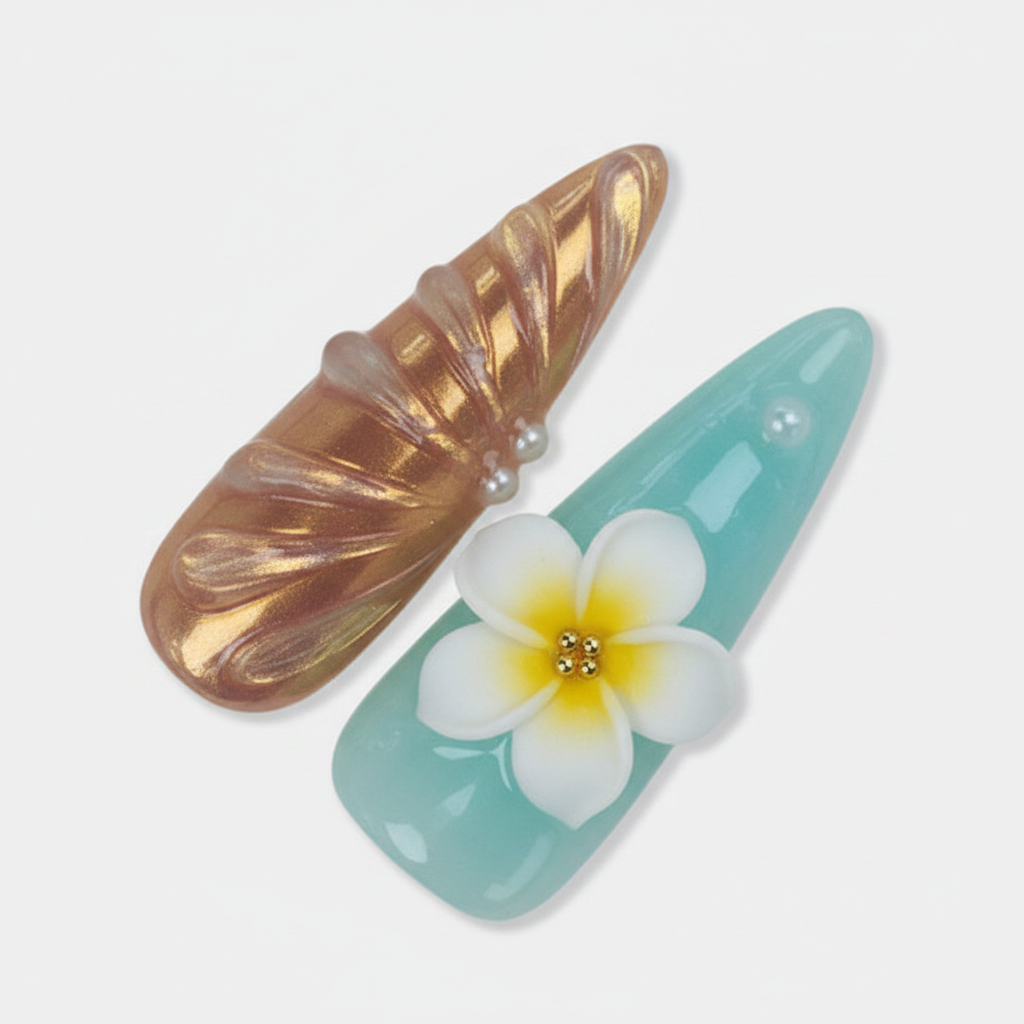 Macro close-up golden bronze chrome engraved floral 3D white plumeria pearl salon-quality almond press-on nails — LuxepressCo