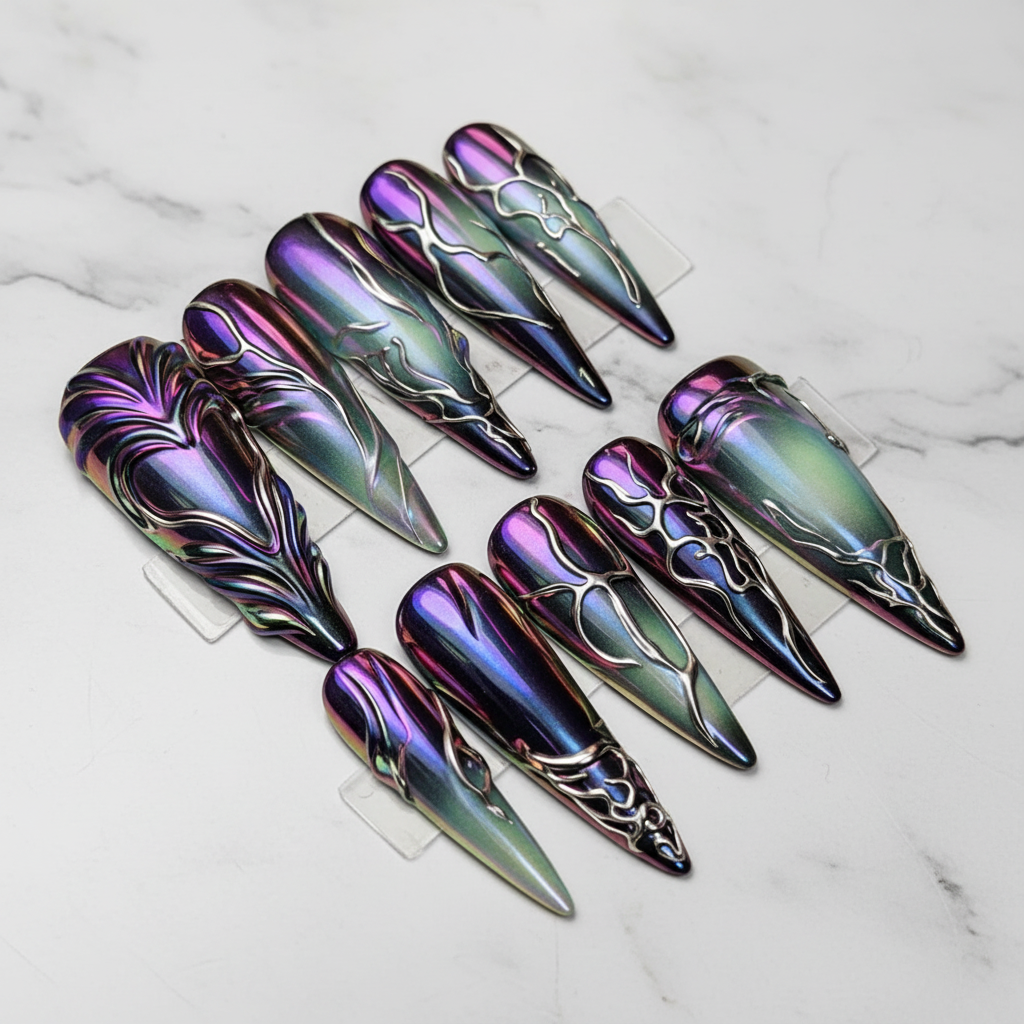 Aurora chrome 3D metal vine custom press-on nails full set on marble — LuxepressCo