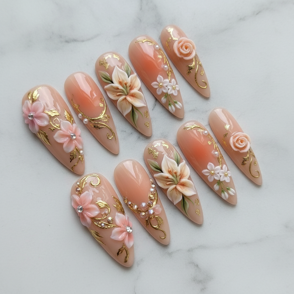 Full set 10 3D floral gold foil press-on nails peach nude stiletto on marble — LuxepressCo