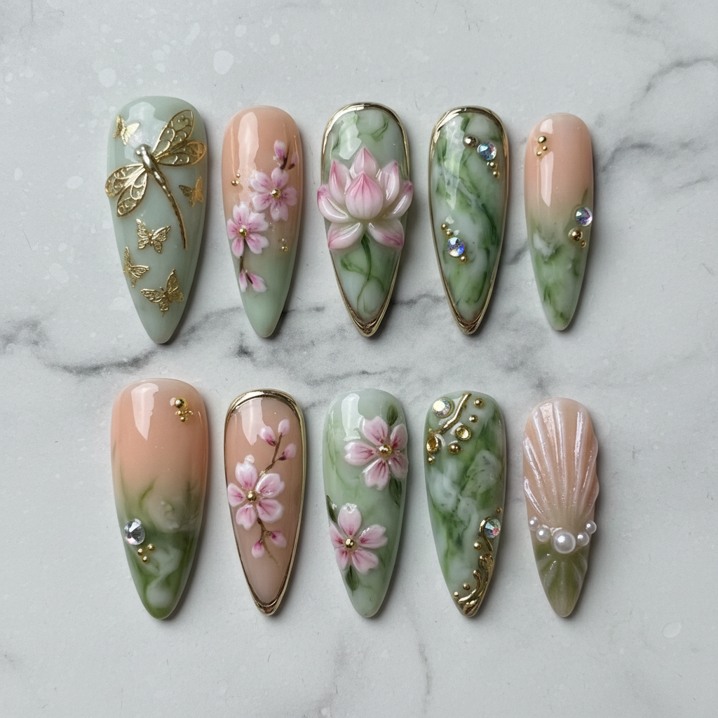 Flat lay top-down full set 10 floral 3D press-on nails sage green peach marble studio — LuxepressCo