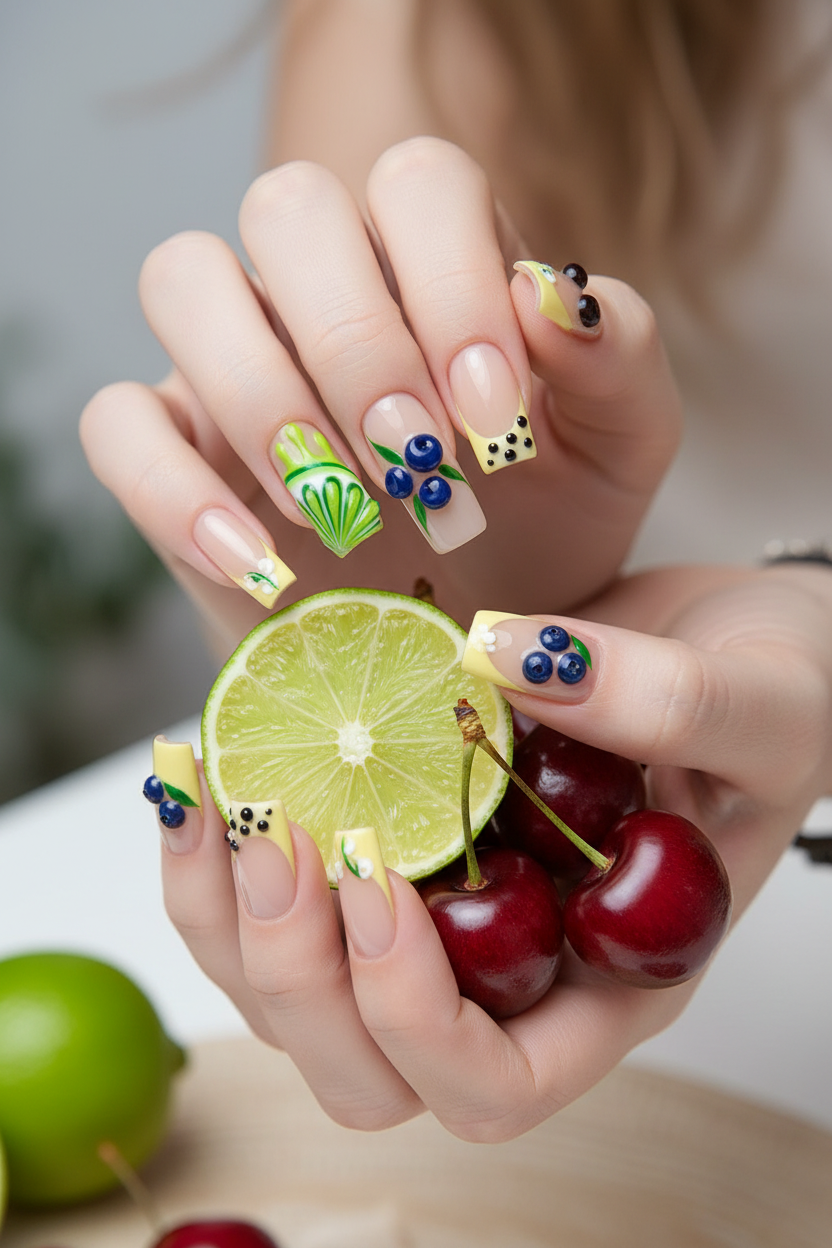 Fair skin hands wearing citrus French garden square custom press-on nails holding fresh lime and dark cherries — LuxepressCo