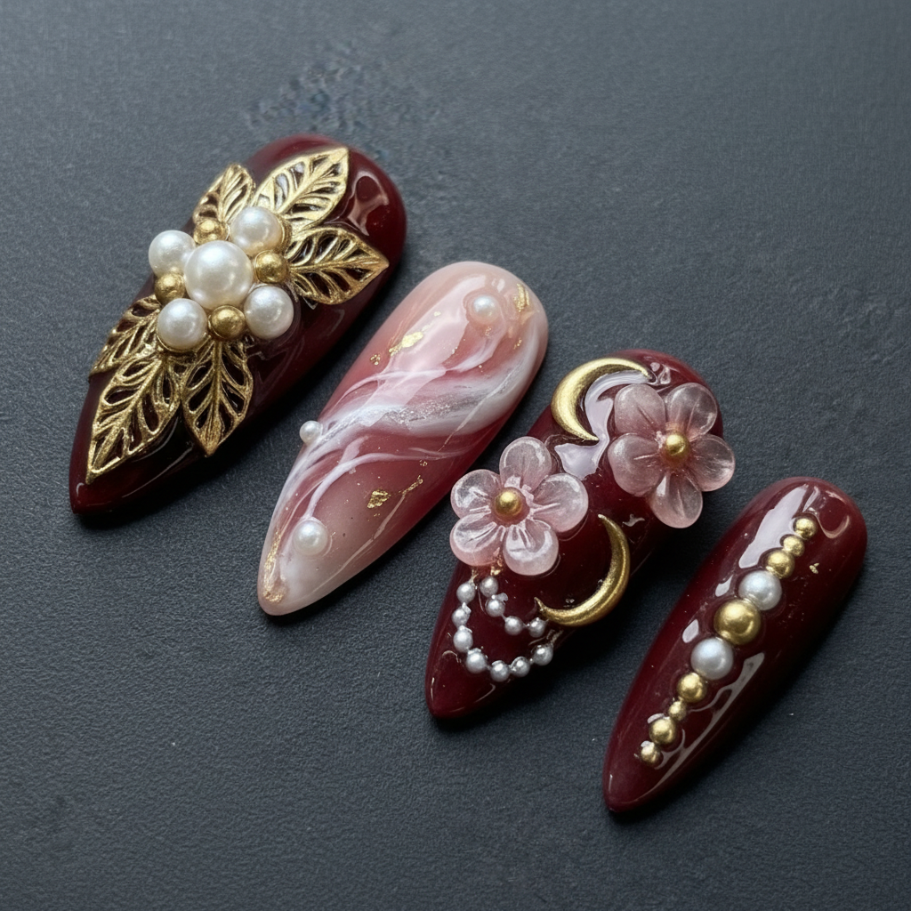 Macro close-up burgundy 3D gold floral pearl custom press-on nails dramatic lighting — LuxepressCo