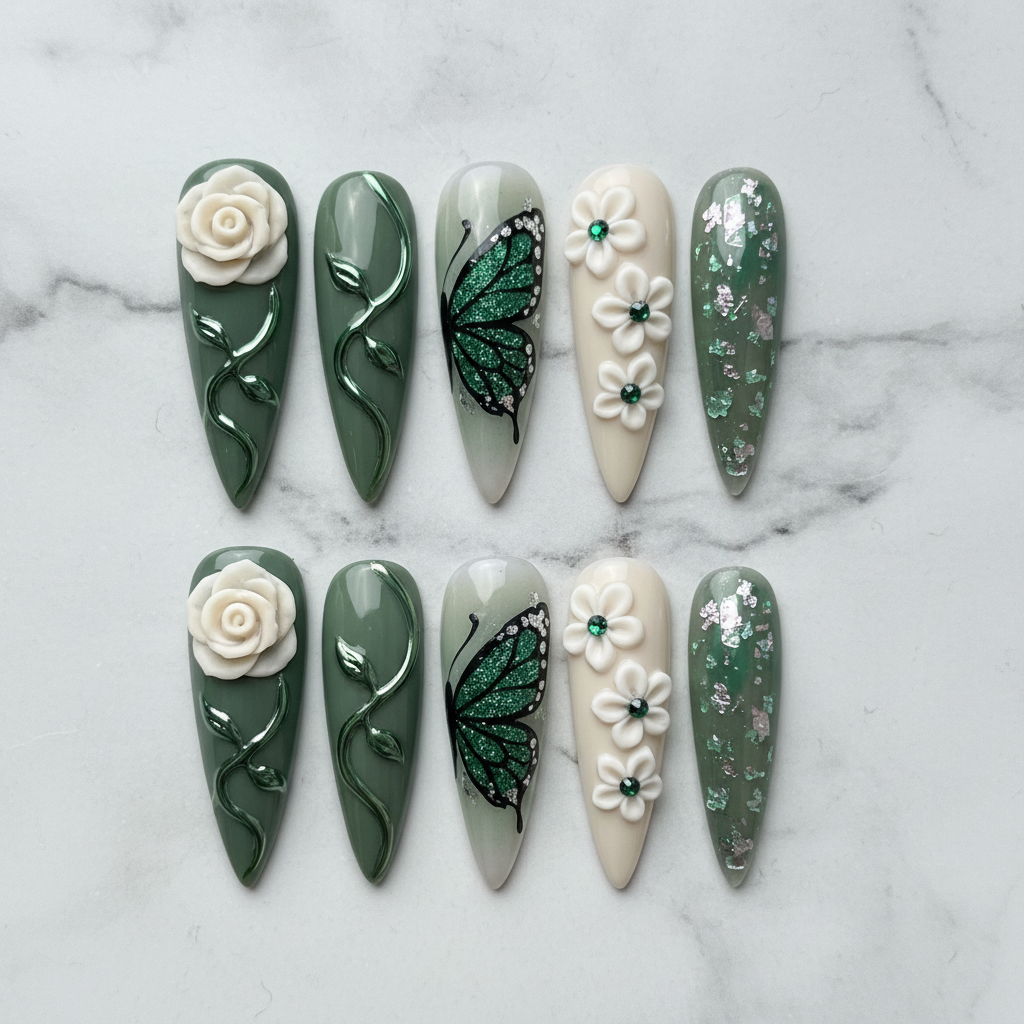 Flat lay overhead full set 10 sage green botanical press-on nails custom press-on nails studio — LuxepressCo