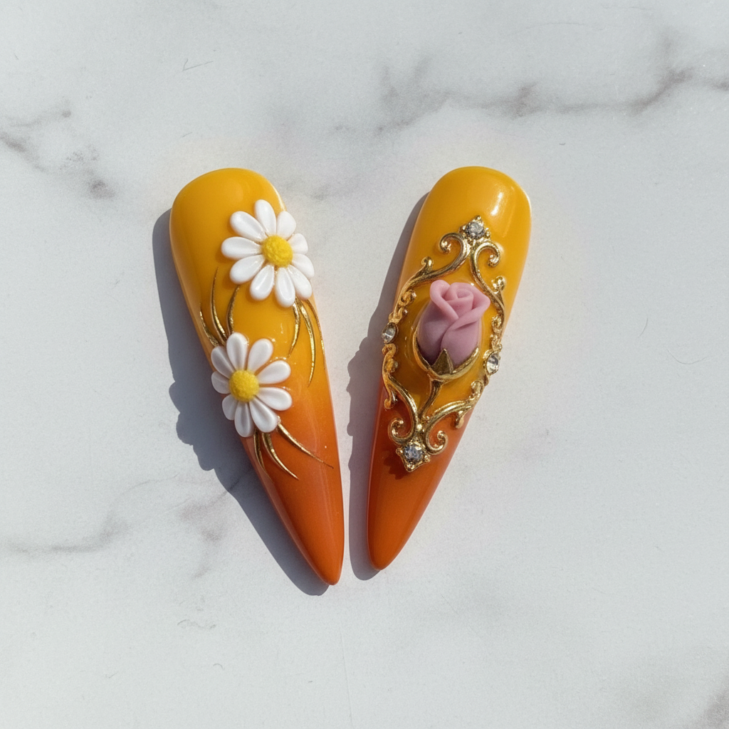 Macro close-up 3D white daisy gold baroque frame pink rosebud rhinestone custom press-on nails marble — LuxepressCo
