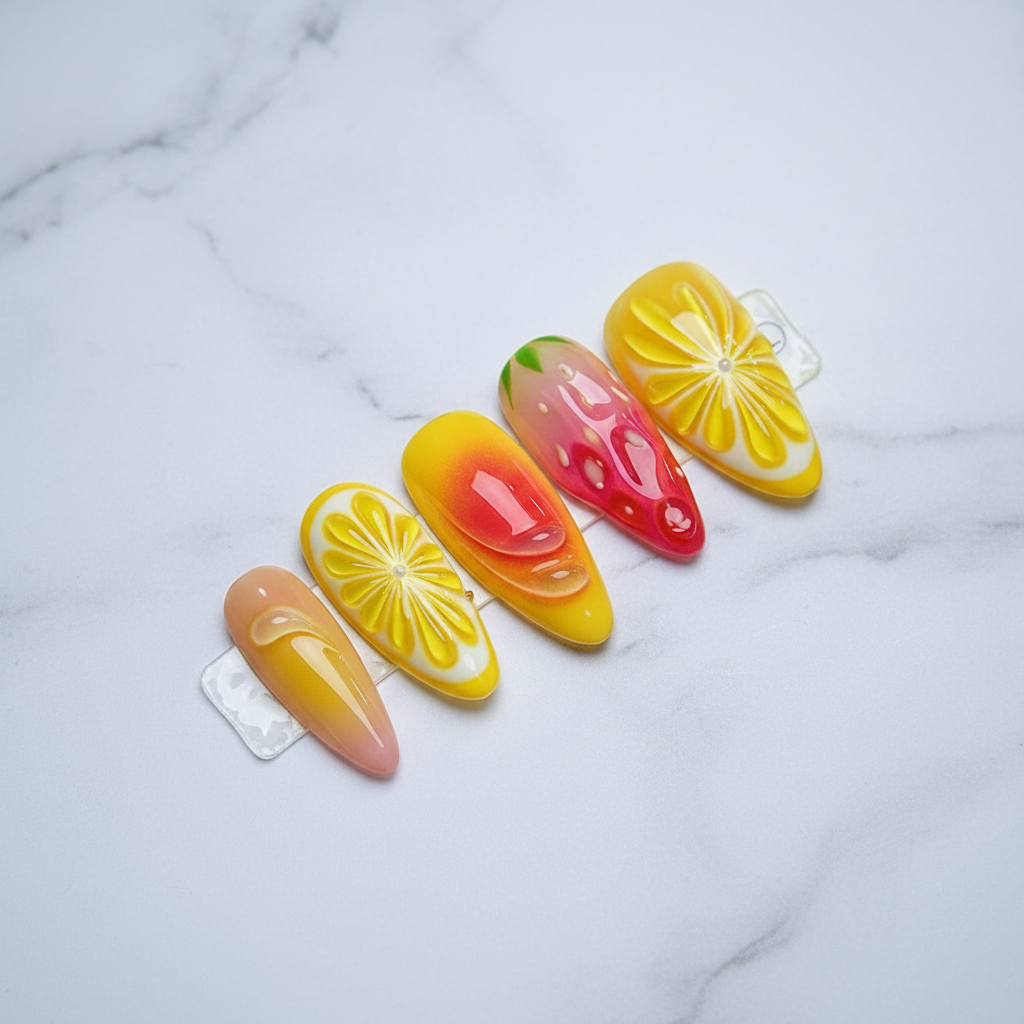 Full set 10 sunny citrus jelly lemon strawberry orange ombre custom press-on nails on marble — LuxepressCo