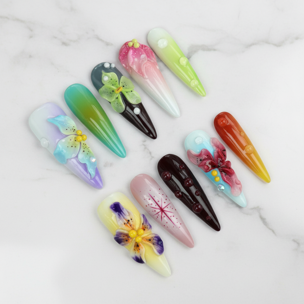 Full set 10 vivid multicolor 3D botanical butterfly rhinestone stiletto custom press-on nails on marble — LuxepressCo