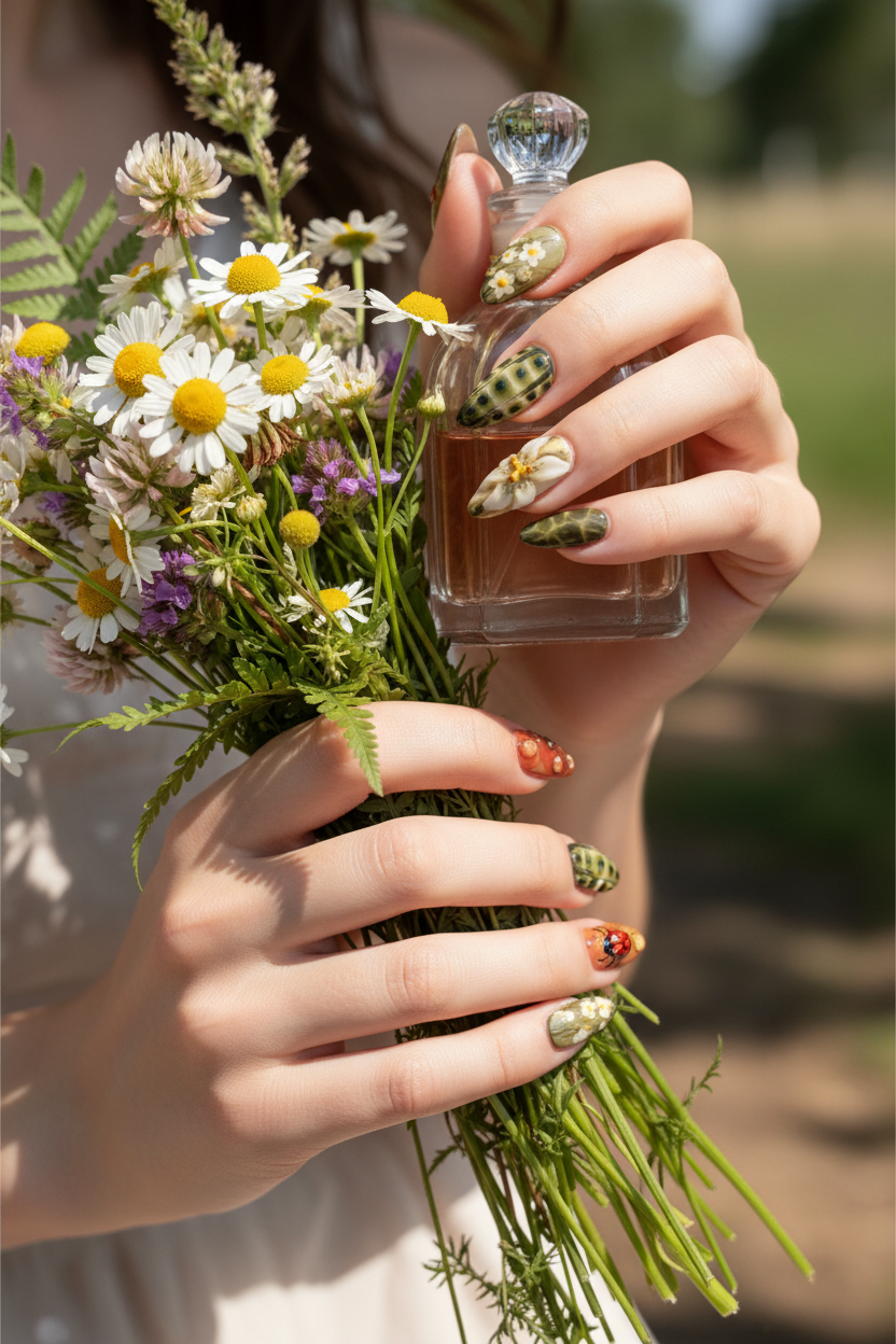Fair skin lifestyle cottagecore mushroom frog nature custom press-on nails holding wildflowers — LuxepressCo
