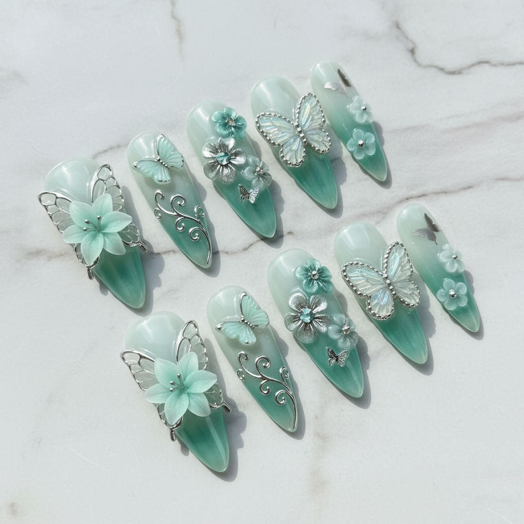 Full set 10 mint green 3D butterfly stiletto custom press-on nails on marble background — LuxepressCo
