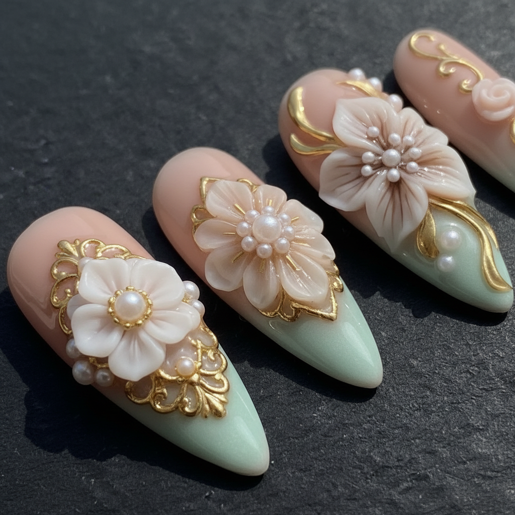 Macro close-up 3D white floral pearl embellishment gold filigree custom press-on nails dramatic lighting — LuxepressCo