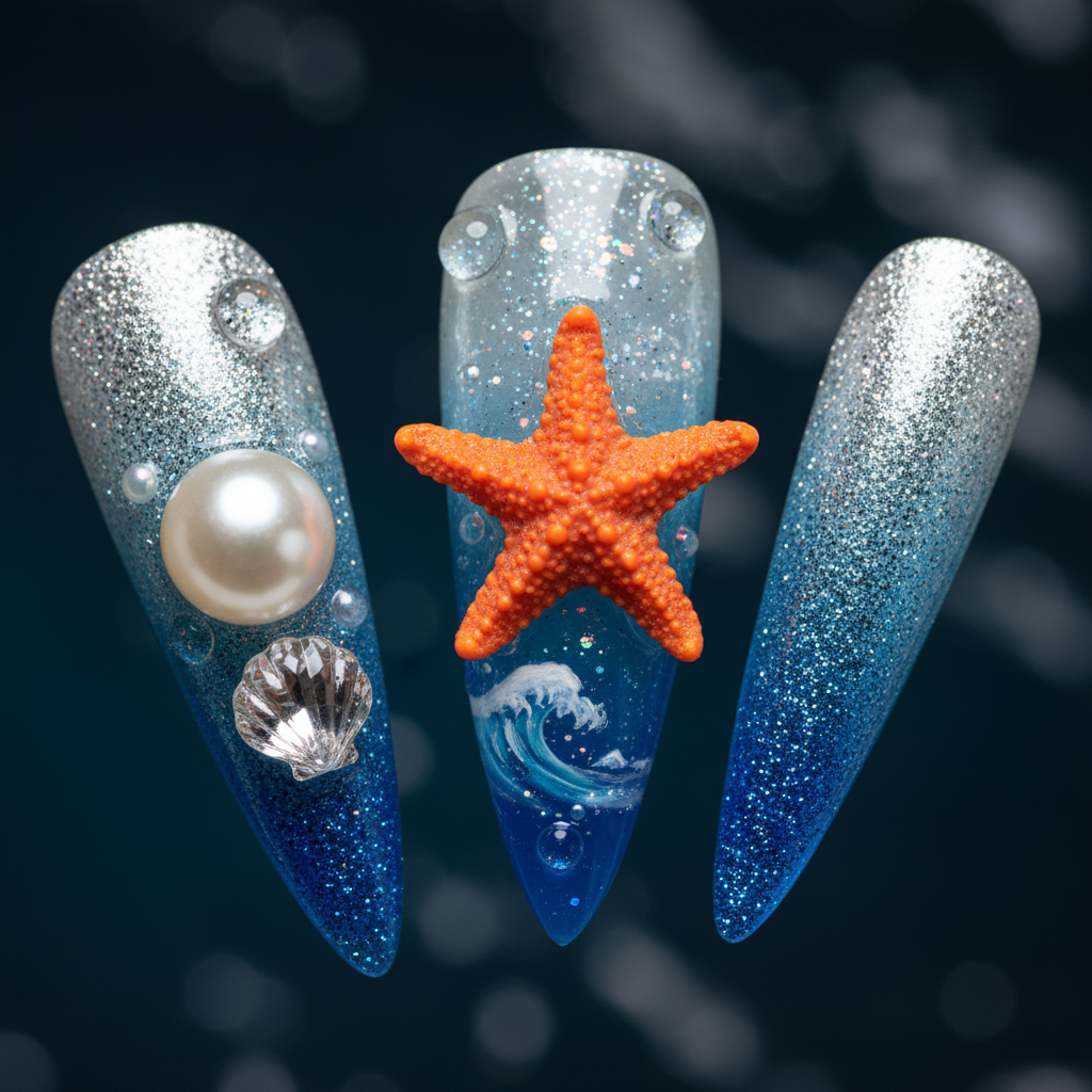Macro close-up deep ocean blue silver glitter jelly wave 3D starfish pearl salon-quality stiletto press-on nails — LuxepressCo