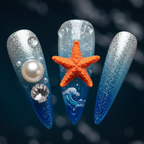 Macro close-up deep ocean blue silver glitter jelly wave 3D starfish pearl salon-quality stiletto press-on nails — LuxepressCo