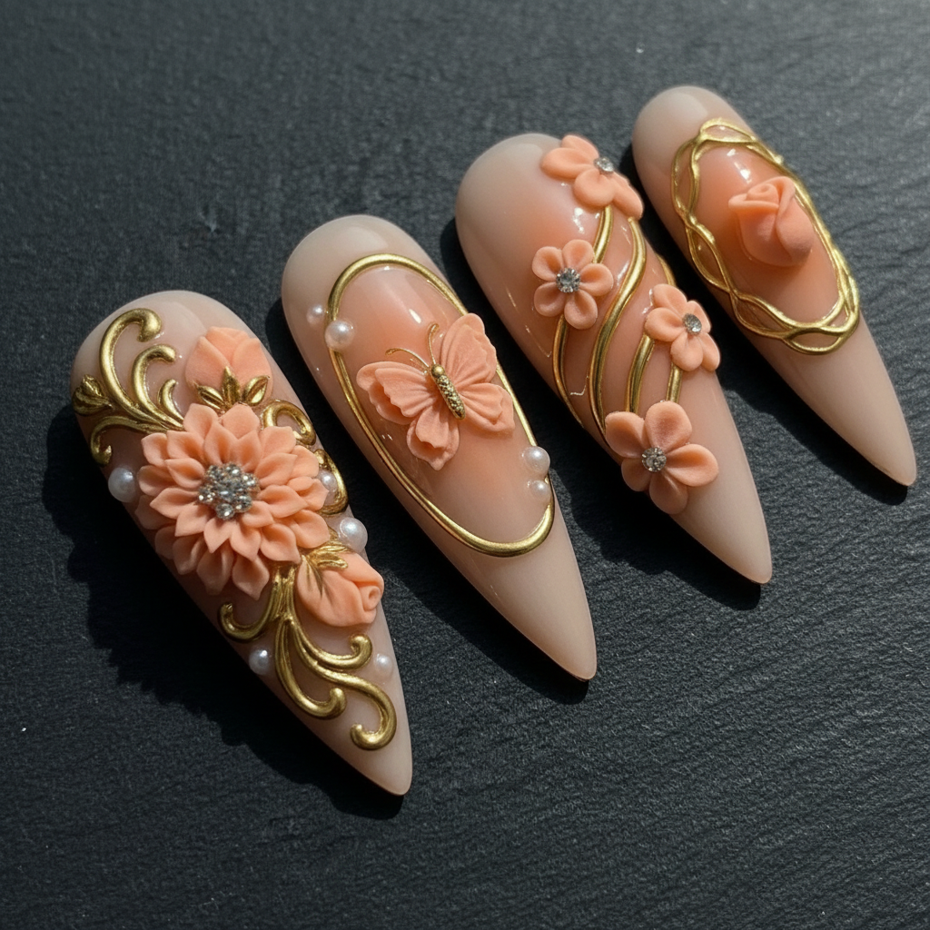 Macro close-up 3D sculpted peach rose daisy gold filigree rhinestone custom press-on nails dark background — LuxepressCo