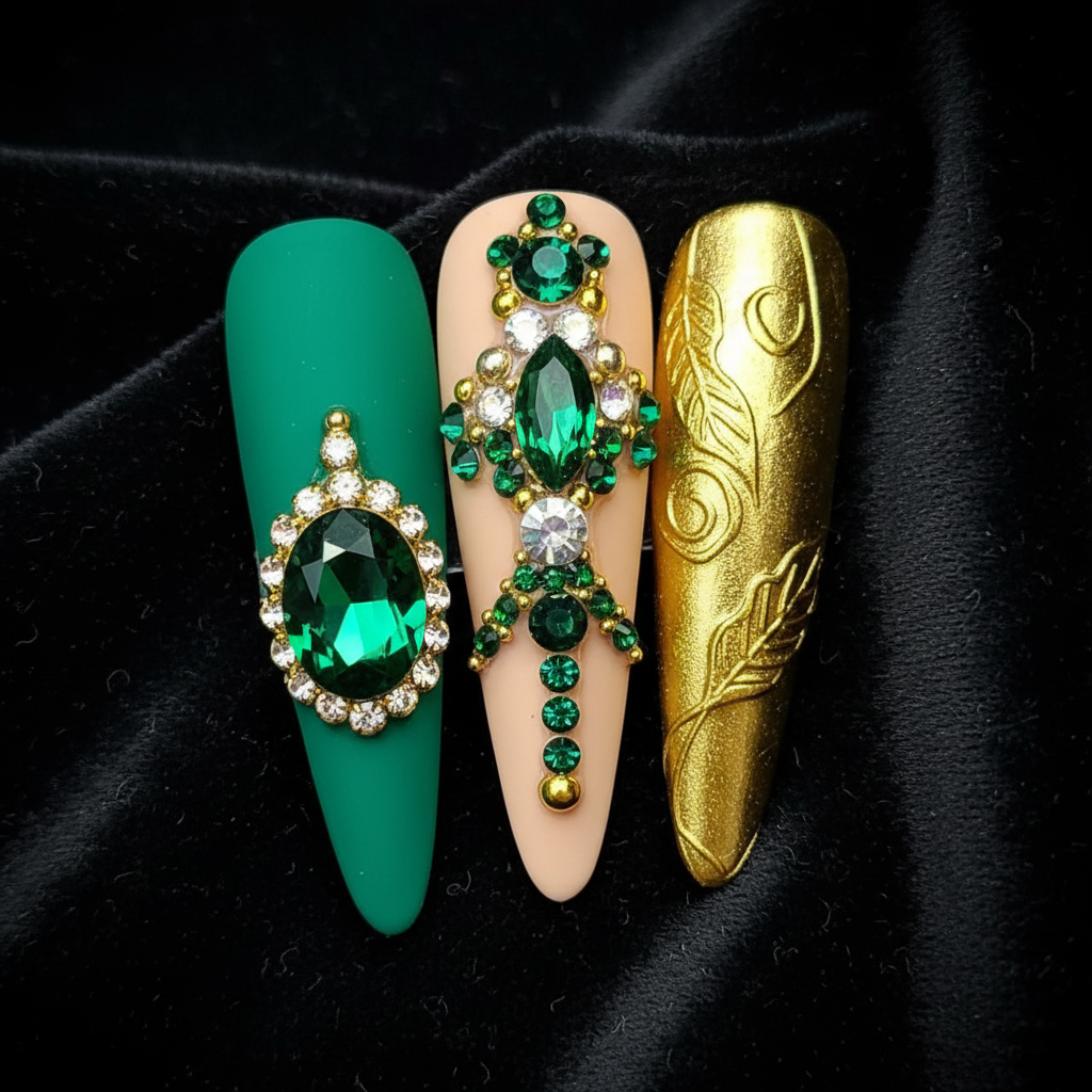 Macro close-up emerald rhinestone drape chain green cat-eye gem halo gold metallic leaf custom press-on nails stiletto — LuxepressCo