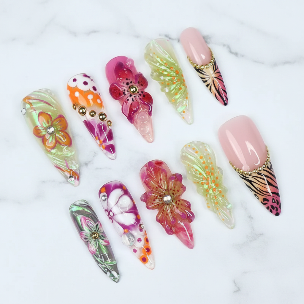Tropical aurora 3D hibiscus butterfly custom press-on nails long almond full set on marble — LuxepressCo