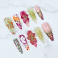 Tropical aurora 3D hibiscus butterfly custom press-on nails long almond full set on marble — LuxepressCo