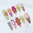 Tropical aurora 3D hibiscus butterfly custom press-on nails long almond full set on marble — LuxepressCo