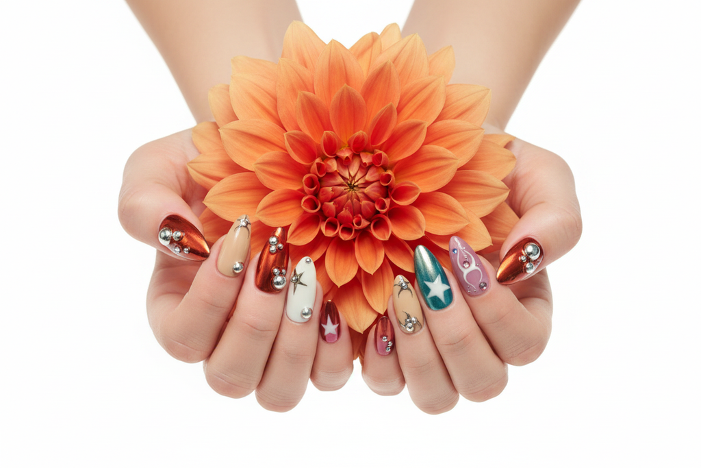 Fair-skin hands wearing multicolor chrome Y2K custom press-on nails holding orange dahlia flower — LuxepressCo