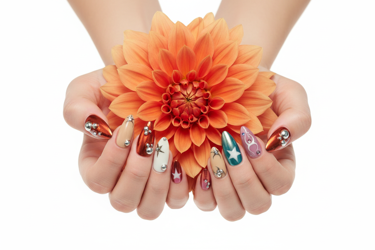 Fair-skin hands wearing multicolor chrome Y2K custom press-on nails holding orange dahlia flower — LuxepressCo