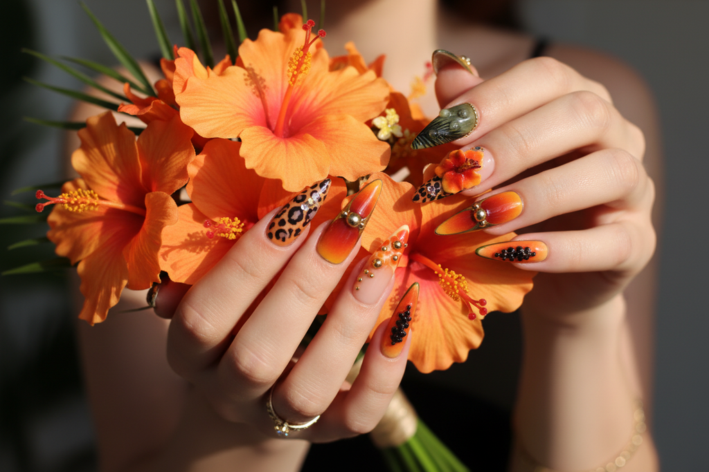 Fair-skin hands wearing tropical hibiscus leopard stiletto orange flower palm leaf custom press-on nails holding tropical flowers — LuxepressCo