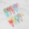 Full set 10 pastel ocean ombre pearl 3D tropical hibiscus sea charm stiletto custom press-on nails on marble — LuxepressCo
