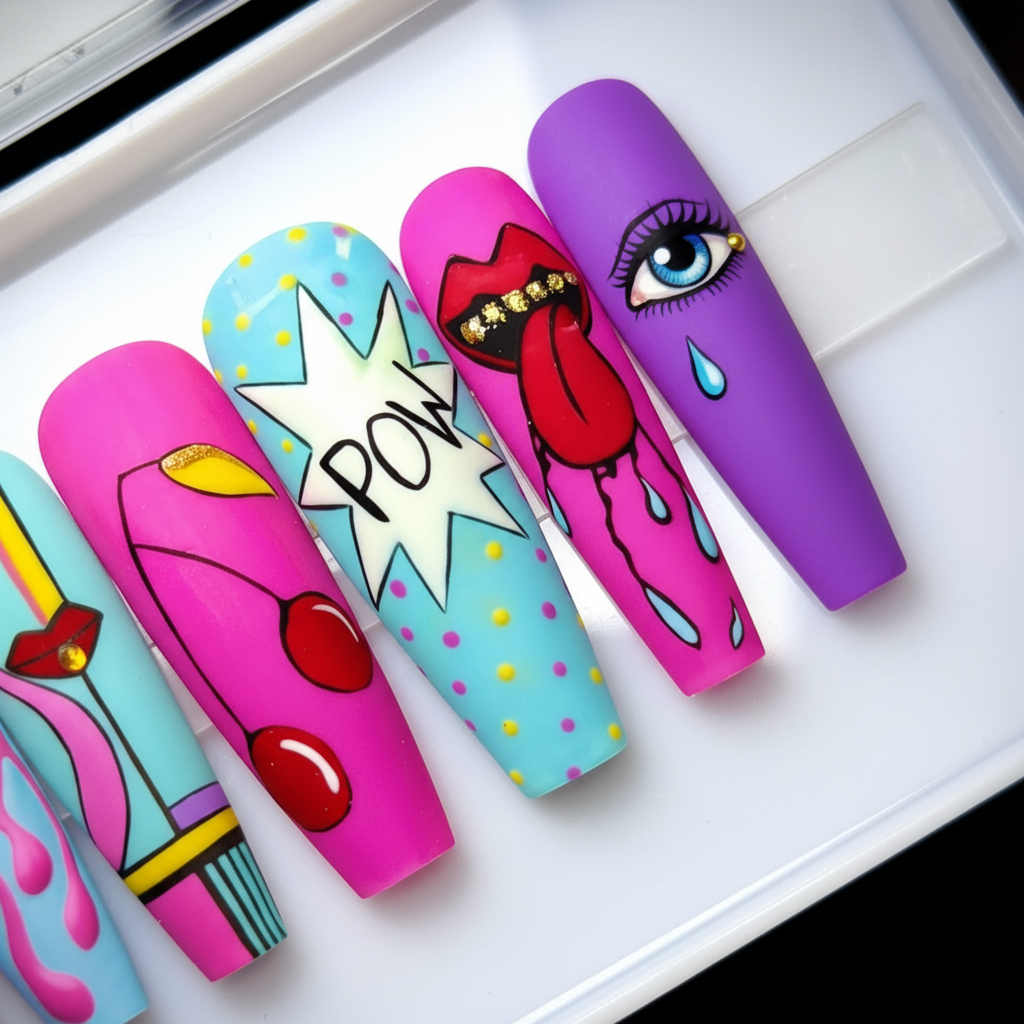 Macro close-up POW comic burst polka dot red lips tongue drip winking eye custom press-on nails coffin — LuxepressCo