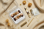 Luxury unboxing acrylic box tortoiseshell gold snowflake press-on nails with accessories on cream cashmere — LuxepressCo