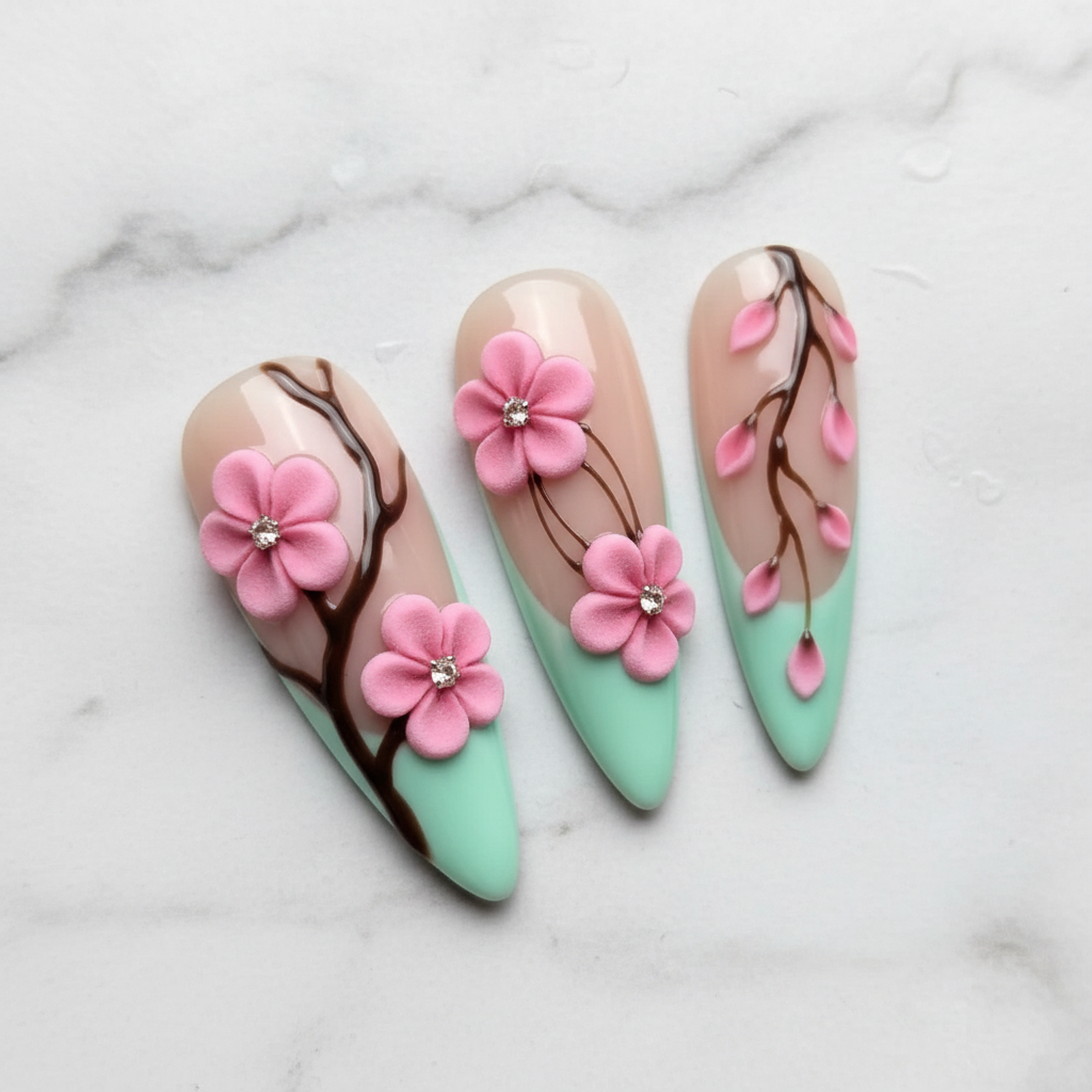 Macro cherry blossom branch buds pink petals mint nude ombre almond reusable nails marble — LuxepressCo